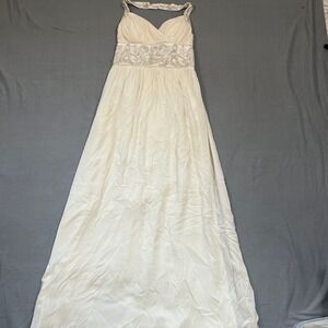 VTG Halter White Maxi Dress Size 6 Beaded V neck Bridal 100% Silk‎